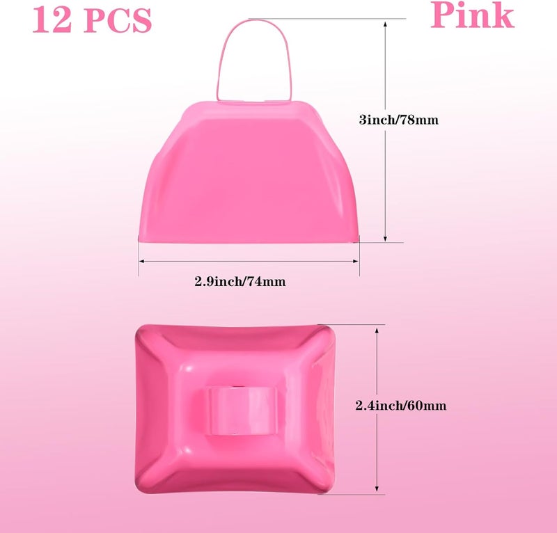 HEYLEAYAR 3Inch Cowbells for Sporting Events,12Pcs Metal Cow Bells Bulk Loud Noise Makers Cow Bell with Handle for Cheering Football Games Spirit Marathon Weddings Party Noisemakers, Pink - Image 2